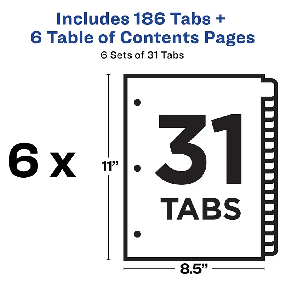 Avery Dividers<Ready Index Table of Contents Paper Dividers, 1-31 Tabs, Multicolor, 6 Sets/Pack (11831)