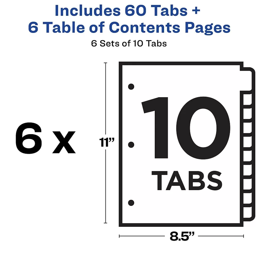 Avery Dividers<Ready Index Table of Contents Paper Dividers, 1-10 Tabs, Multicolor, 6 Sets/Pack (11188)