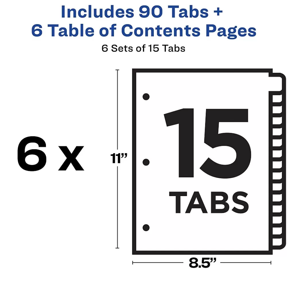 Avery Dividers<Ready Index Table of Contents Paper Dividers, 1-15 Tabs, Multicolor, 6 Sets/Pack (11197)