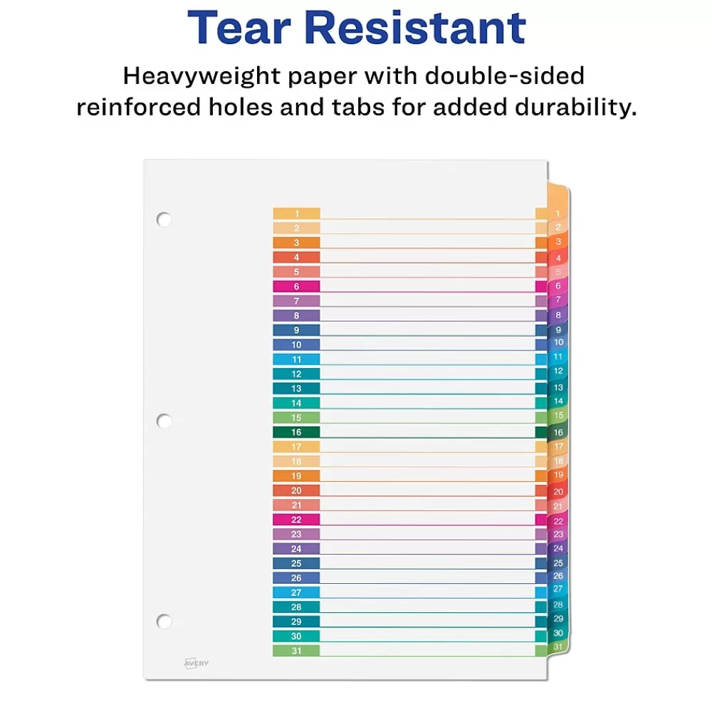 Avery Dividers<Ready Index Table of Contents Paper Dividers, 1-31 Tabs, Multicolor, 6 Sets/Pack (11831)