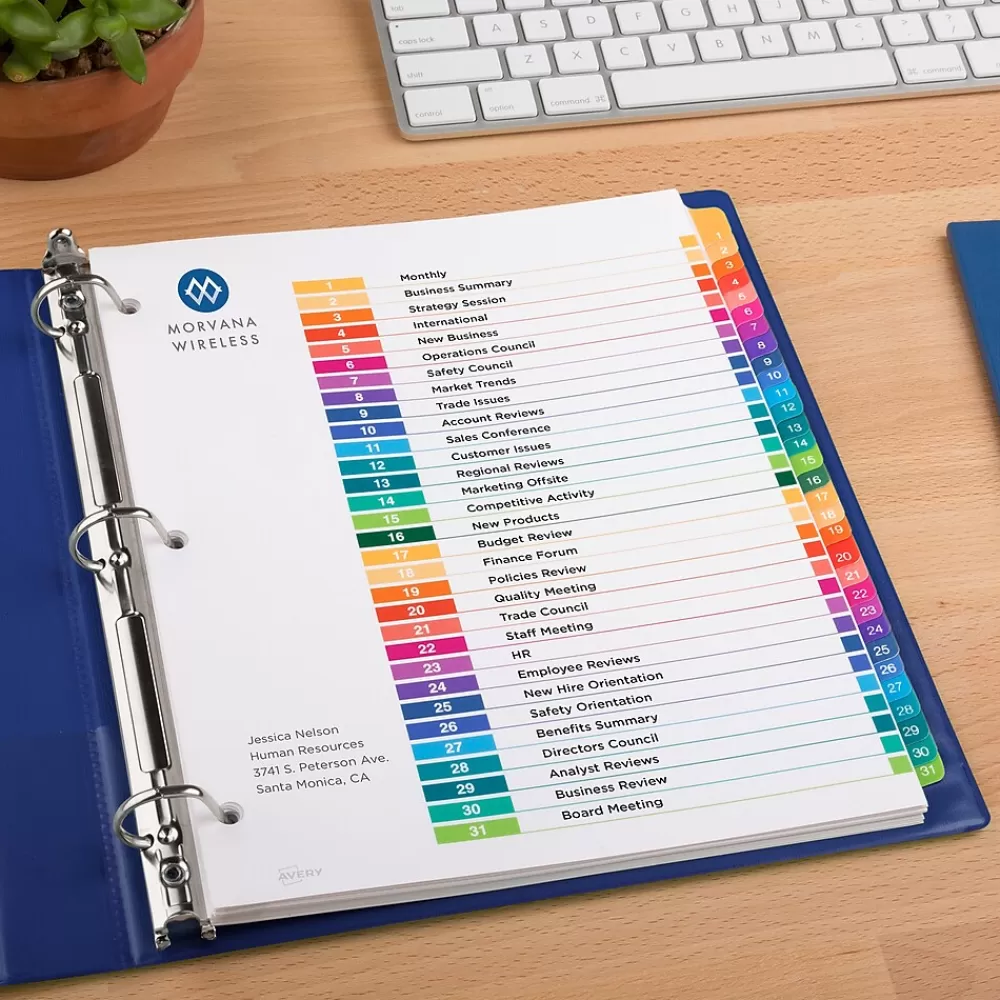 Avery Dividers<Ready Index Table of Contents Paper Dividers, 1-31 Tabs, Multicolor, 6 Sets/Pack (11831)