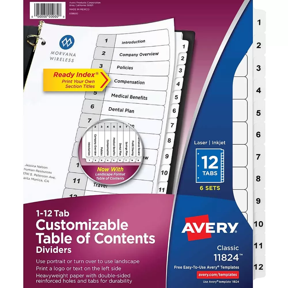 Avery Dividers<Ready Index Table of Contents Paper Dividers, 1-12 Tabs, White, 6 Sets/Pack (11824)