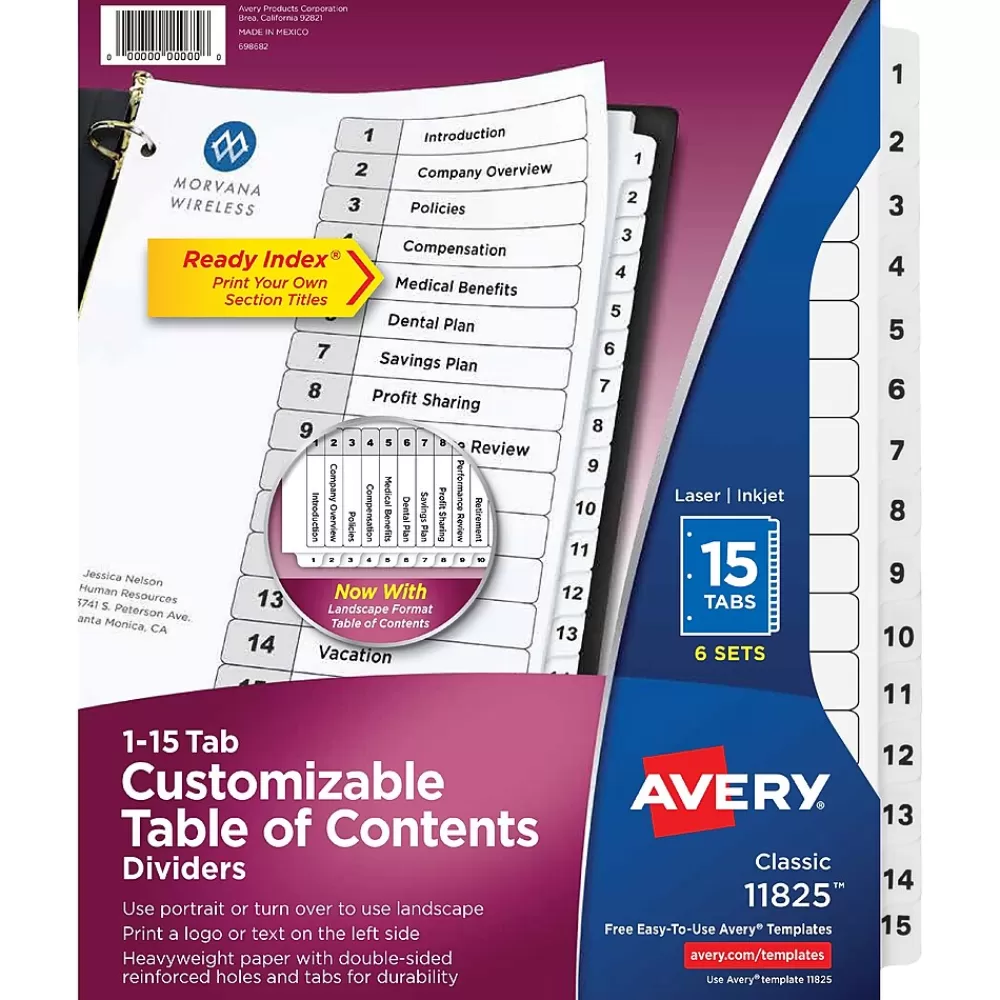 Avery Dividers<Ready Index Table of Contents Paper Dividers, 1-15 Tabs, White, 6 Sets/Pack (11825)