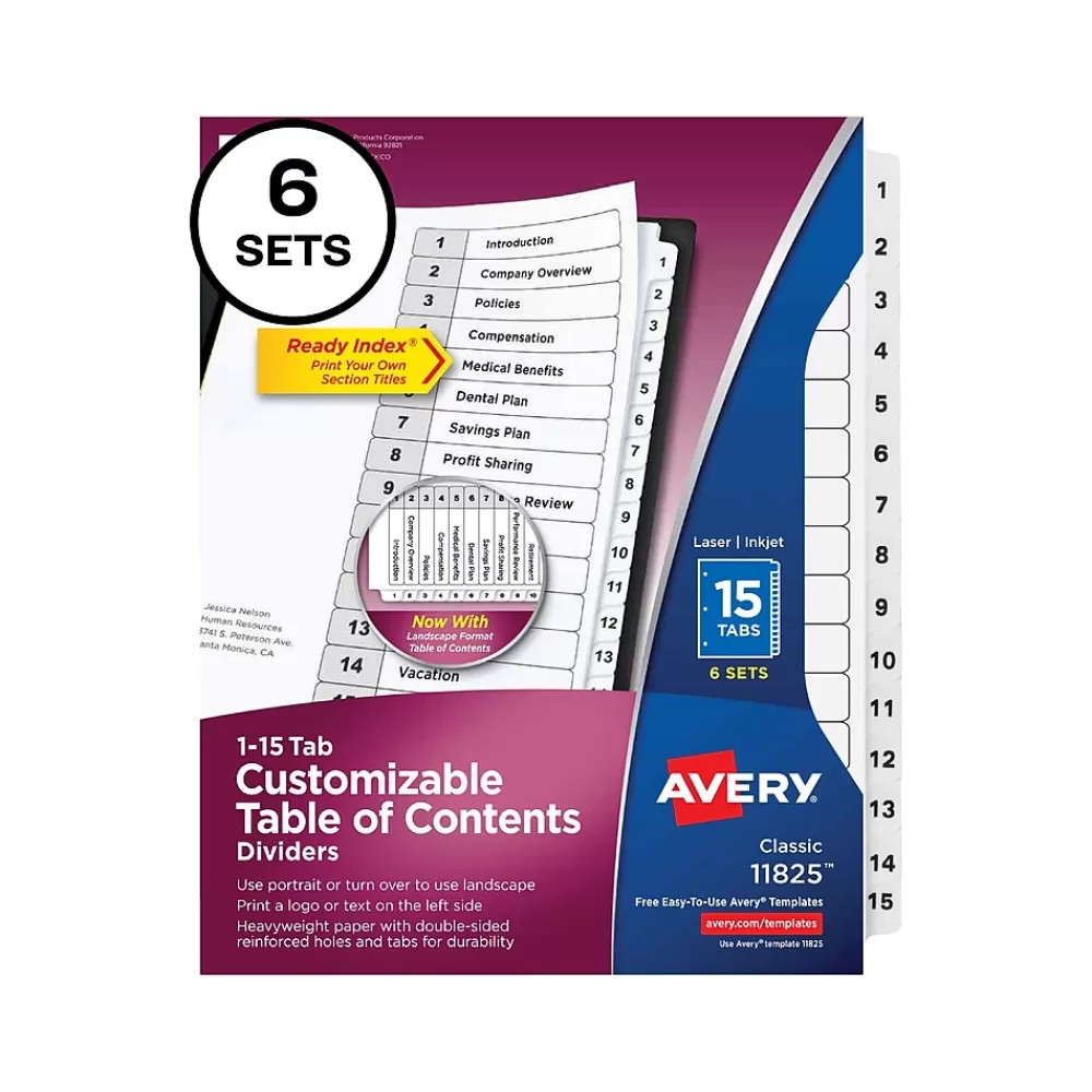 Avery Dividers<Ready Index Table of Contents Paper Dividers, 1-15 Tabs, White, 6 Sets/Pack (11825)