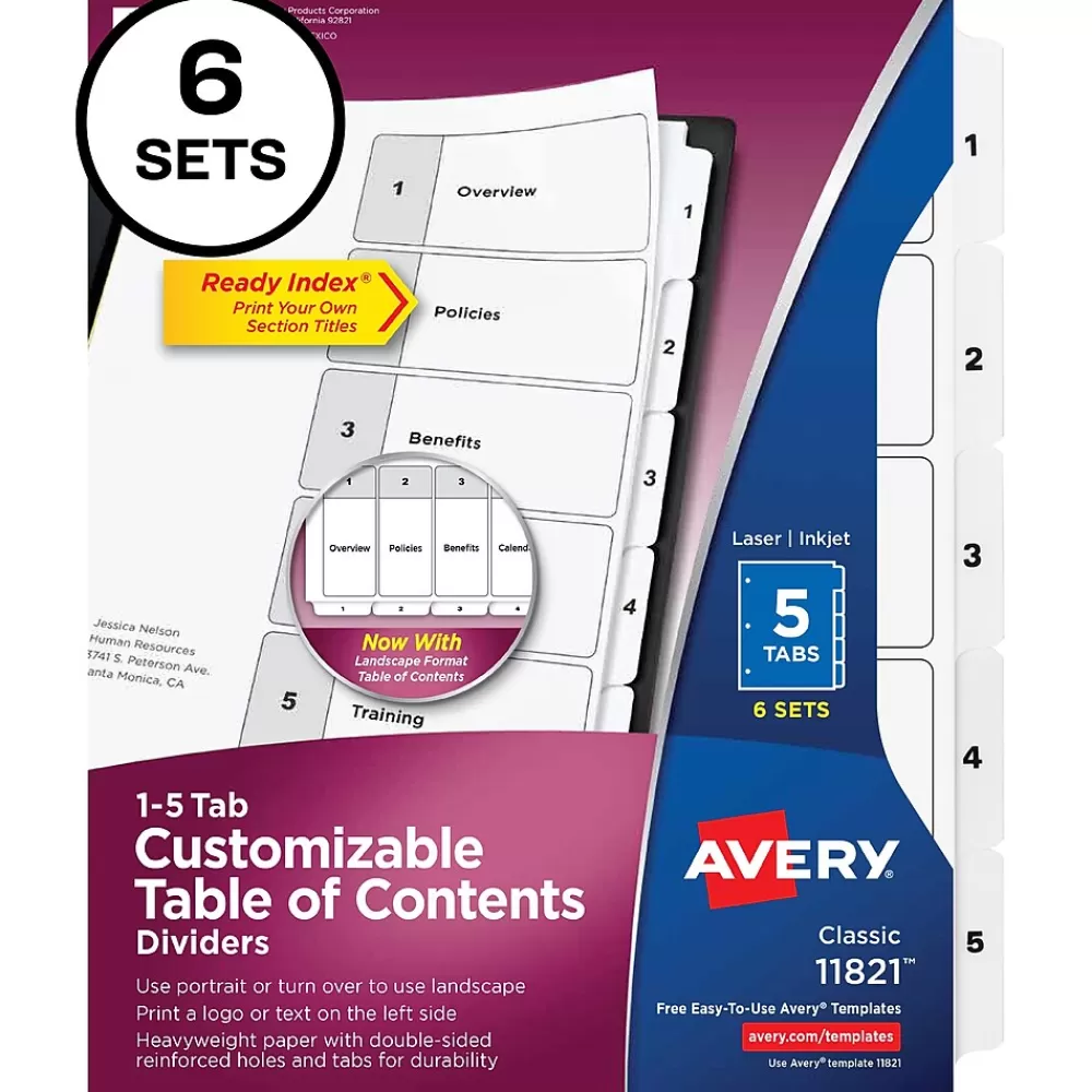 Avery Dividers<Ready Index Table of Contents Paper Dividers, 1-5 Tabs, White, 6 Sets/Pack (11821)