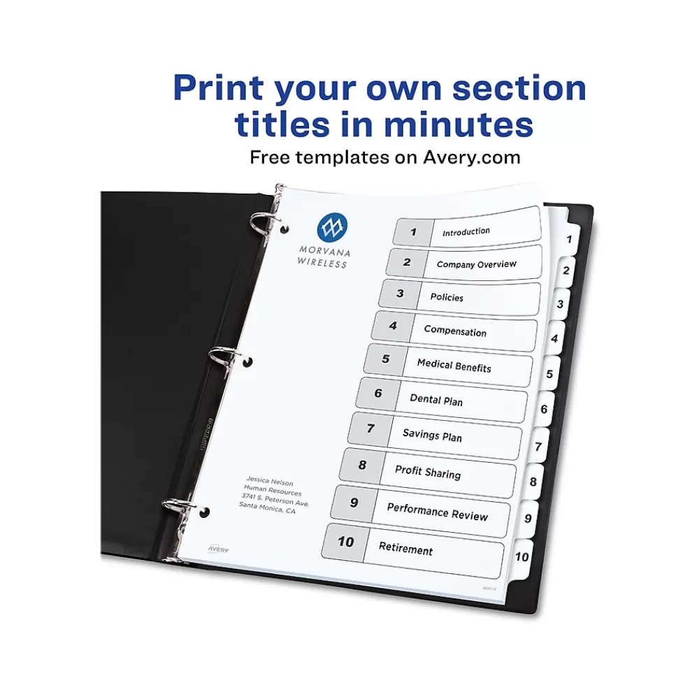 Avery Dividers<Ready Index Table of Contents Paper Dividers, 1-10 Tabs, White, 6 Sets/Pack (11823)