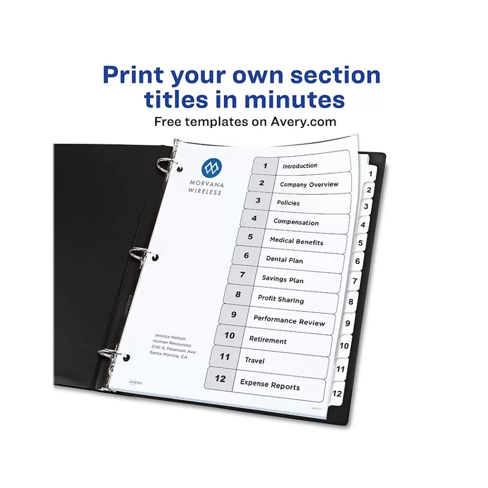 Avery Dividers<Ready Index Table of Contents Paper Dividers, 1-12 Tabs, White, 6 Sets/Pack (11824)