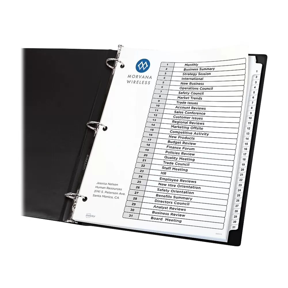 Avery Dividers<Ready Index Table of Contents Paper Dividers, 1-31 Tabs, White, 6 Sets/Pack (11827)