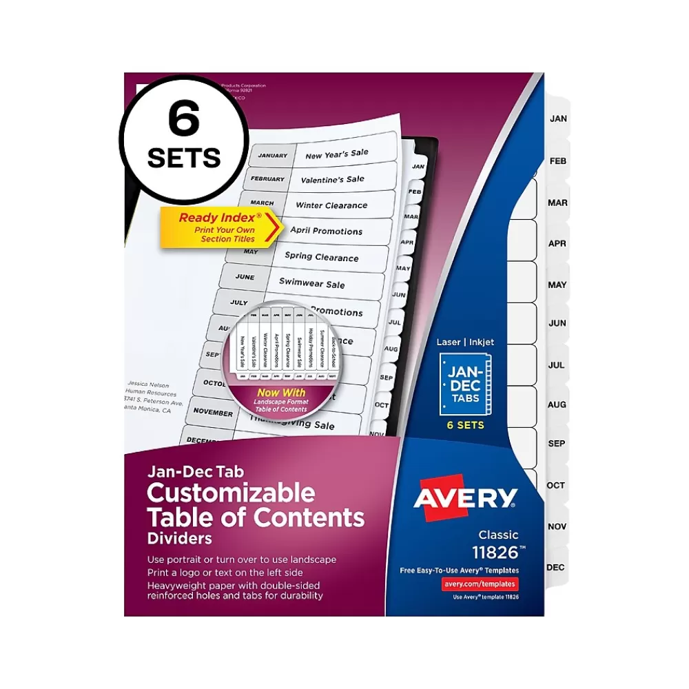 Avery Dividers<Ready Index Table of Contents Paper Dividers, Jan-Dec Tabs, White, 6 Sets/Pack (11826)