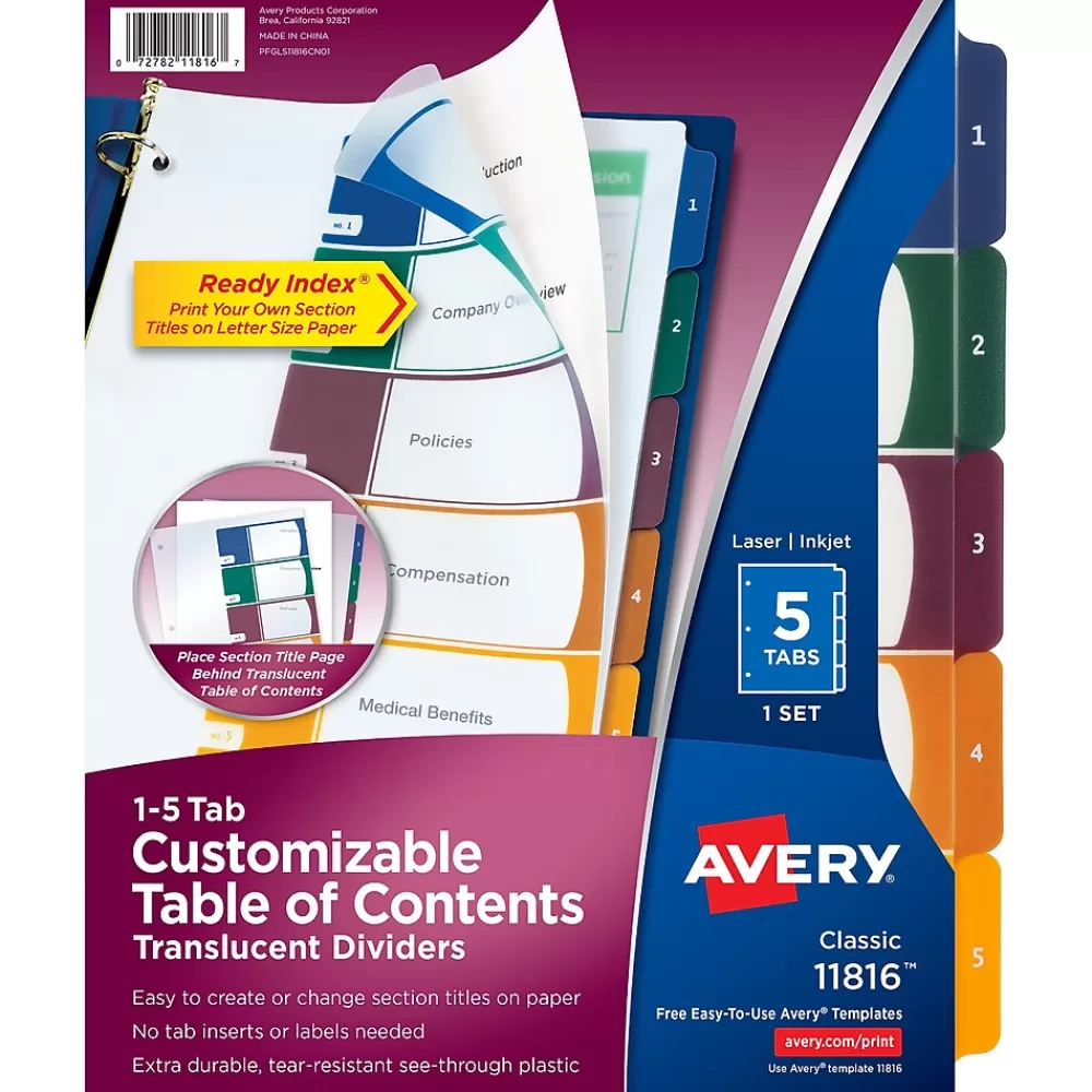 Avery Dividers<Ready Index Table of Contents Plastic Dividers, 1-5 Tabs, Multicolor (11816)