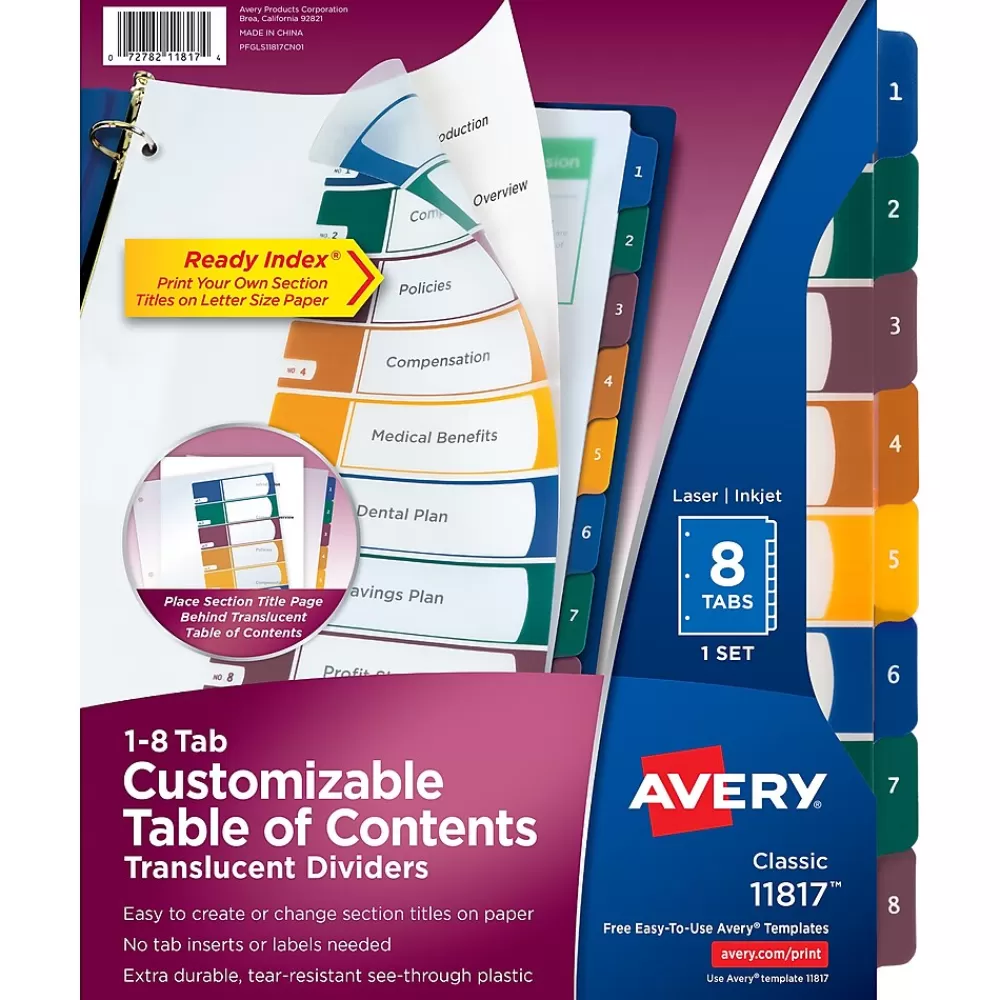 Avery Dividers<Ready Index Table of Contents Plastic Dividers, 1-8 Tabs, Multicolor (11817)