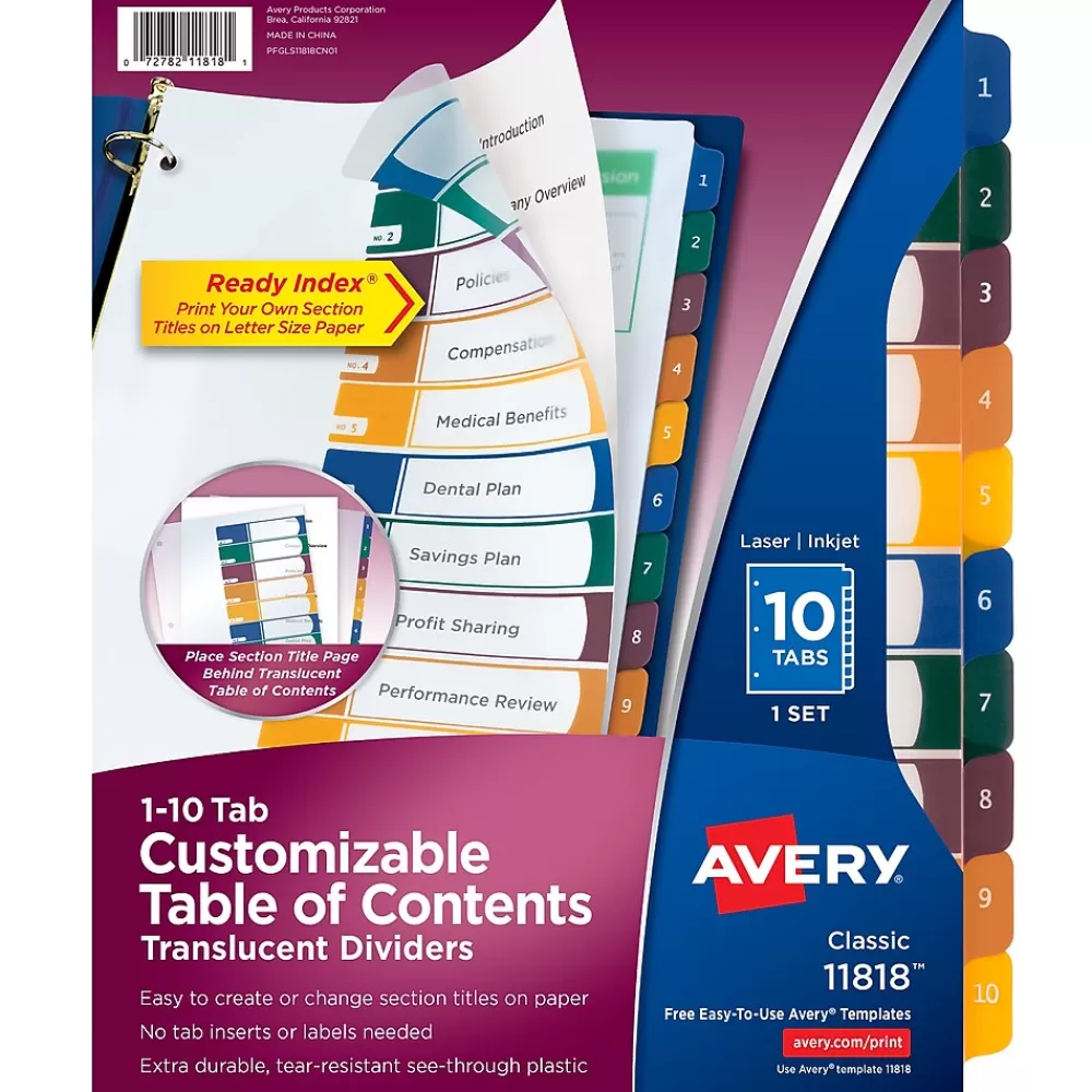 Avery Dividers<Ready Index Table of Contents Plastic Dividers, 1-10 Tabs, Multicolor (11818)