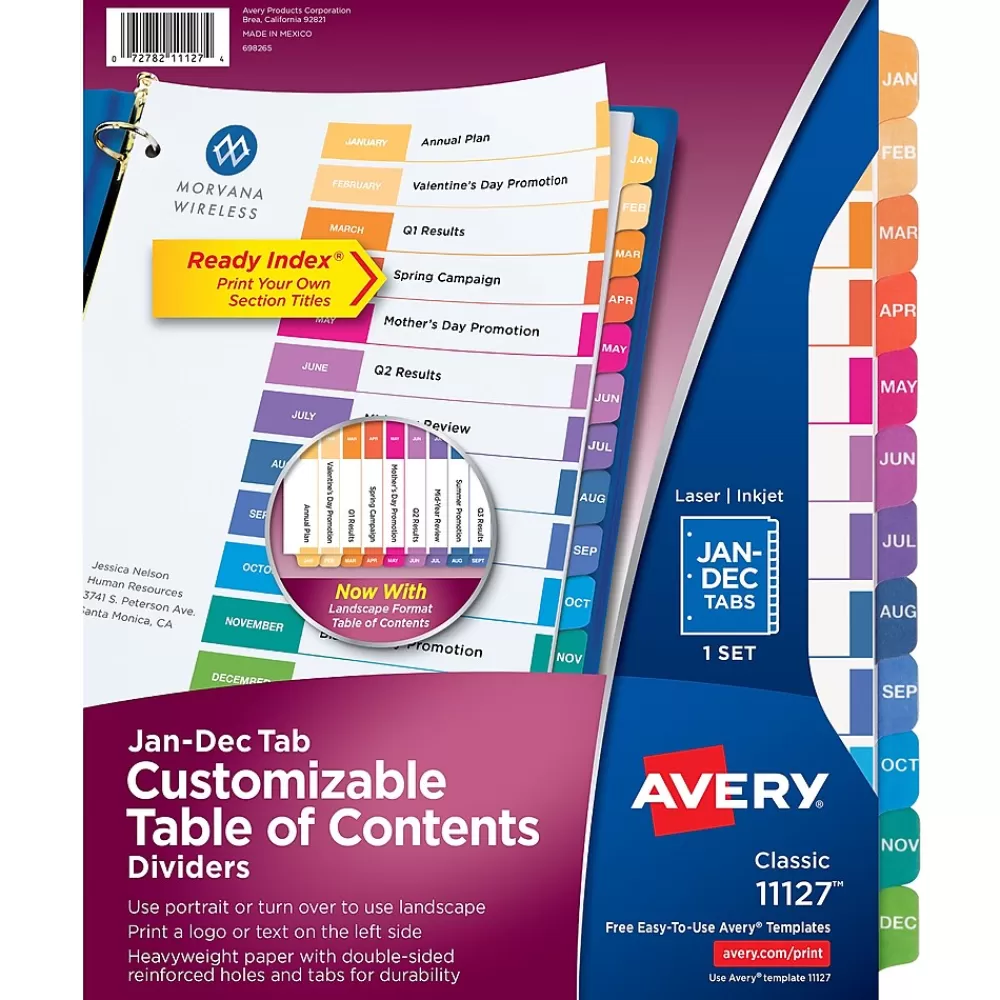 Avery Dividers<Ready Index Table of Contents Pre-Printed Monthly Paper Divider, Jan - Dec Tabs, Multicolor, 1 Set (11127)