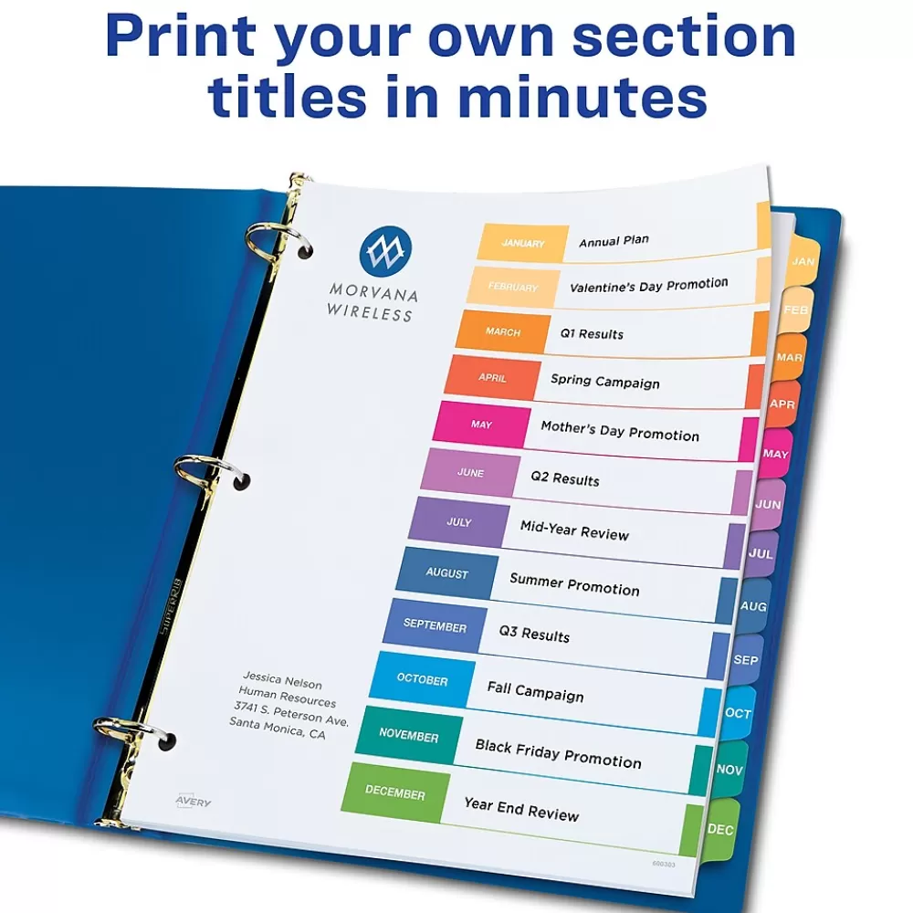 Avery Dividers<Ready Index Table of Contents Pre-Printed Monthly Paper Divider, Jan - Dec Tabs, Multicolor, 1 Set (11127)