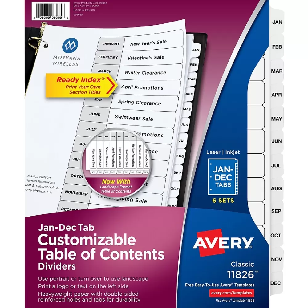 Avery Dividers<Ready Index Table of Contents Pre-Printed Monthly Paper Divider, Jan-Dec, Multicolor, 6 Sets (11830)