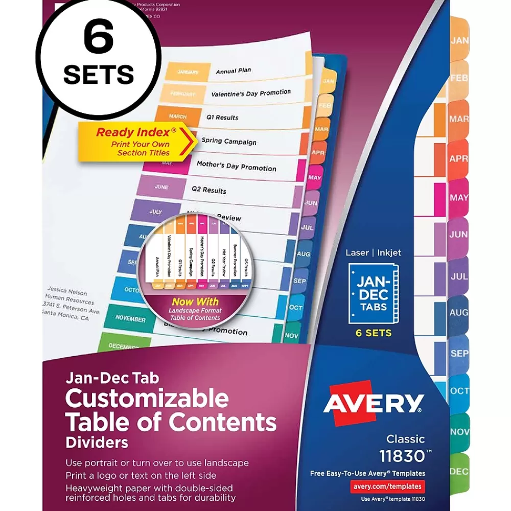 Avery Dividers<Ready Index Table of Contents Pre-Printed Monthly Paper Divider, Jan-Dec, Multicolor, 6 Sets (11830)