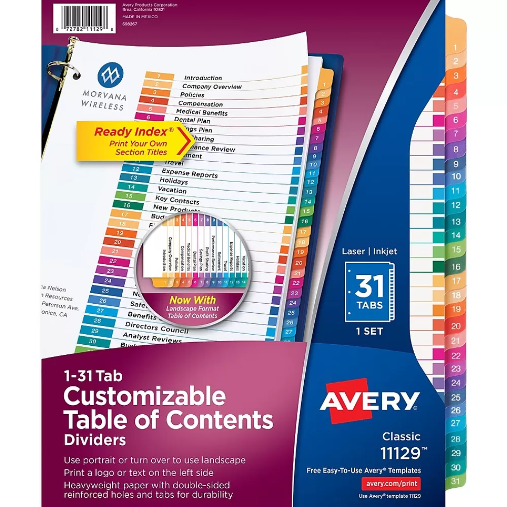 Avery Dividers<Ready Index Table of Contents Pre-Printed Numeric Paper Divider, 31 Tabs, Multicolor, 1 Set (11129)