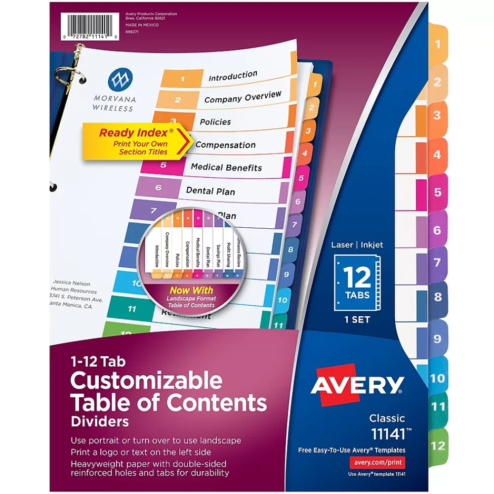 Avery Dividers<Ready Index Table of Contents Pre-Printed Numeric Paper Divider, 12 Tabs, Multicolor, 1 Set (11141)