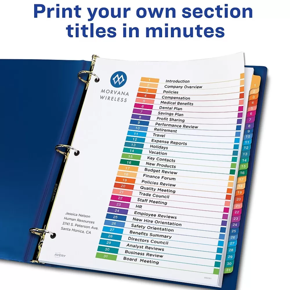 Avery Dividers<Ready Index Table of Contents Pre-Printed Numeric Paper Divider, 31 Tabs, Multicolor, 1 Set (11129)