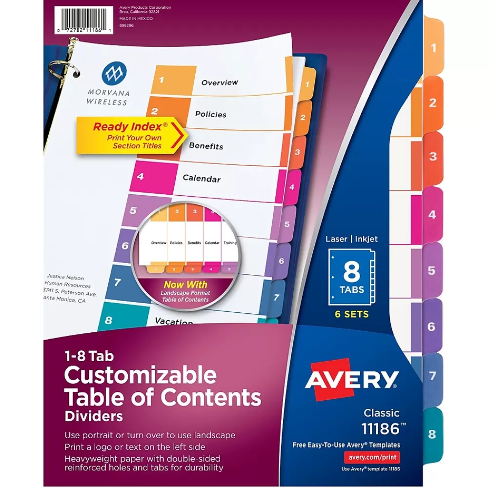 Avery Dividers<Ready Index Table of Contents Pre-Printed Numeric Paper Divider, 8 Tabs, Multicolor, 6 Sets (11186)