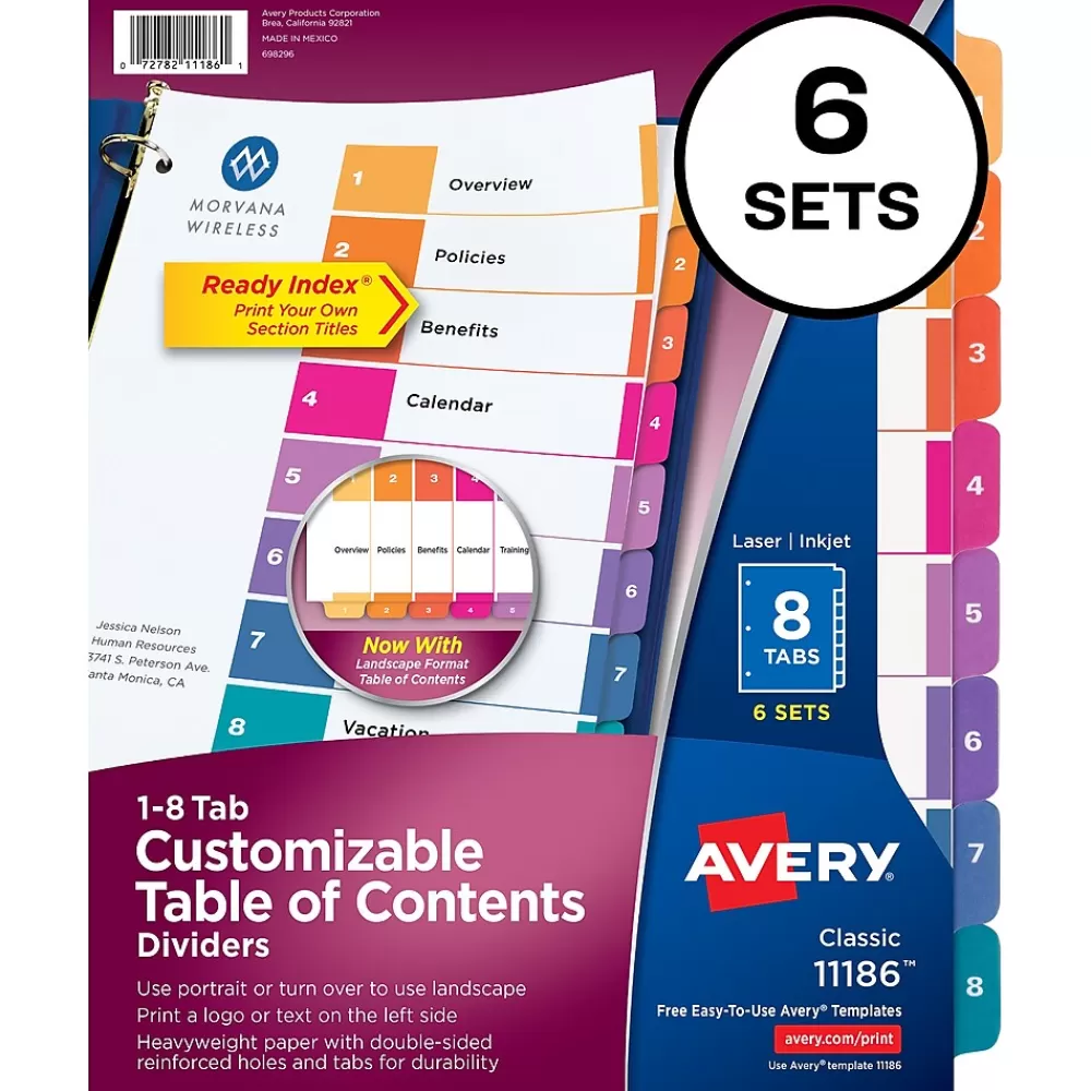 Avery Dividers<Ready Index Table of Contents Pre-Printed Numeric Paper Divider, 8 Tabs, Multicolor, 6 Sets (11186)