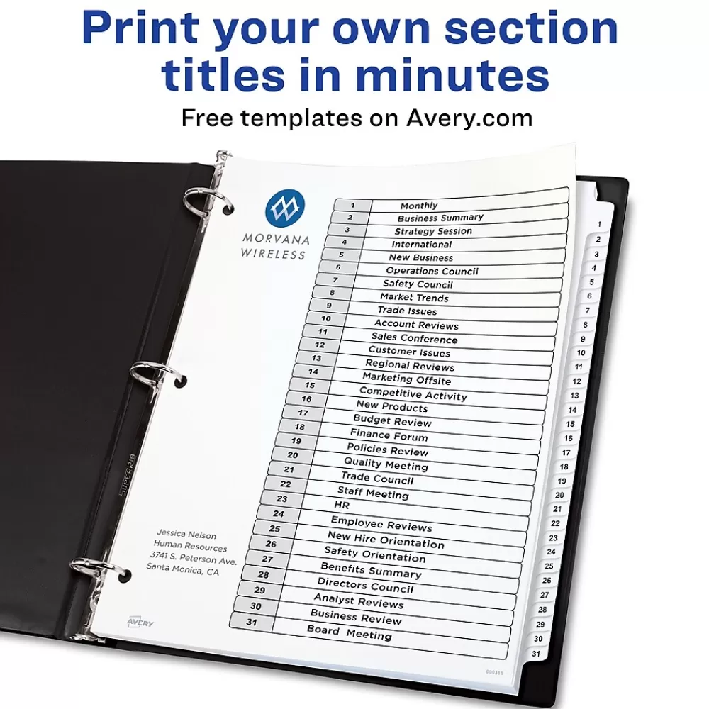 Avery Dividers<Ready Index Table of Contents Pre-Printed Numeric Paper Divider, 31 Tabs, White, 1 Set (11128/RI21331C)