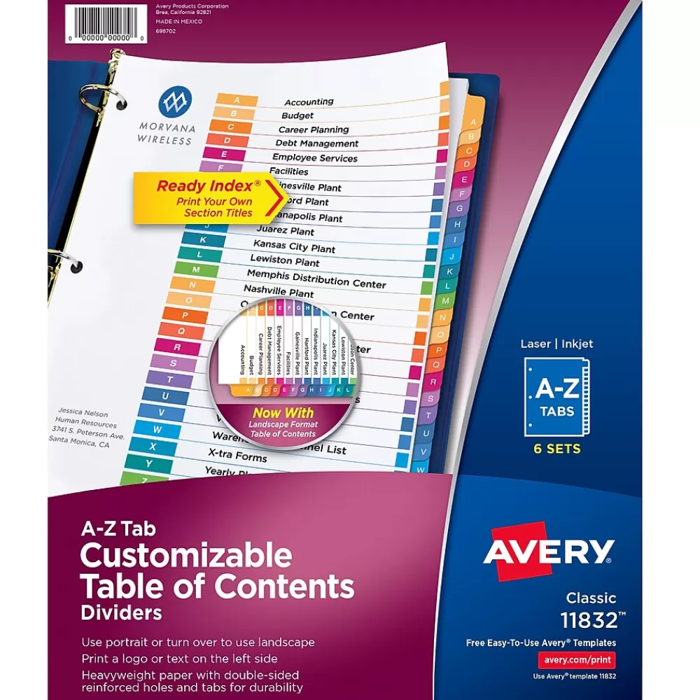 Avery Dividers<Ready Index Table of Contents Pre-Printed Paper Divider, A-Z Tabs , Multicolor, 6 Sets (11832)
