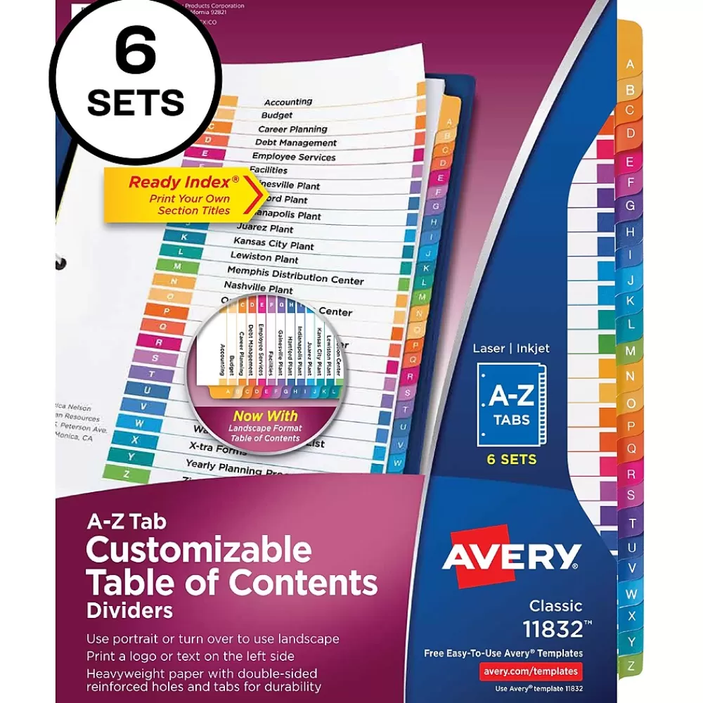 Avery Dividers<Ready Index Table of Contents Pre-Printed Paper Divider, A-Z Tabs , Multicolor, 6 Sets (11832)