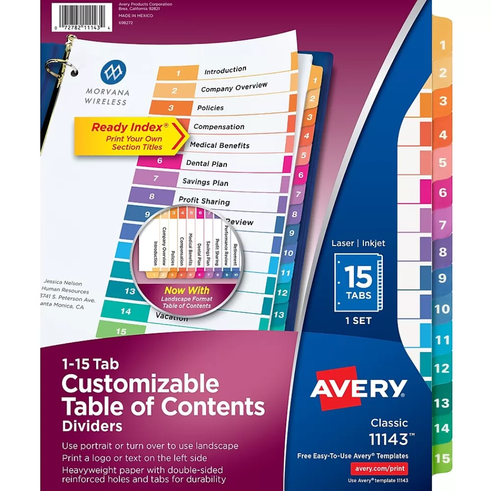 Avery Dividers<Ready Index Table of Contents Pre-Printed Paper Dividers, 15 Tabs, Multicolor, 1 Set (11143)
