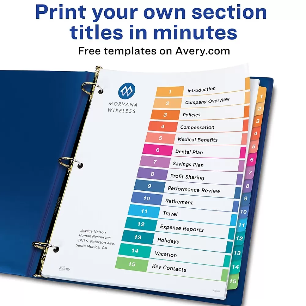 Avery Dividers<Ready Index Table of Contents Pre-Printed Paper Dividers, 15 Tabs, Multicolor, 1 Set (11143)