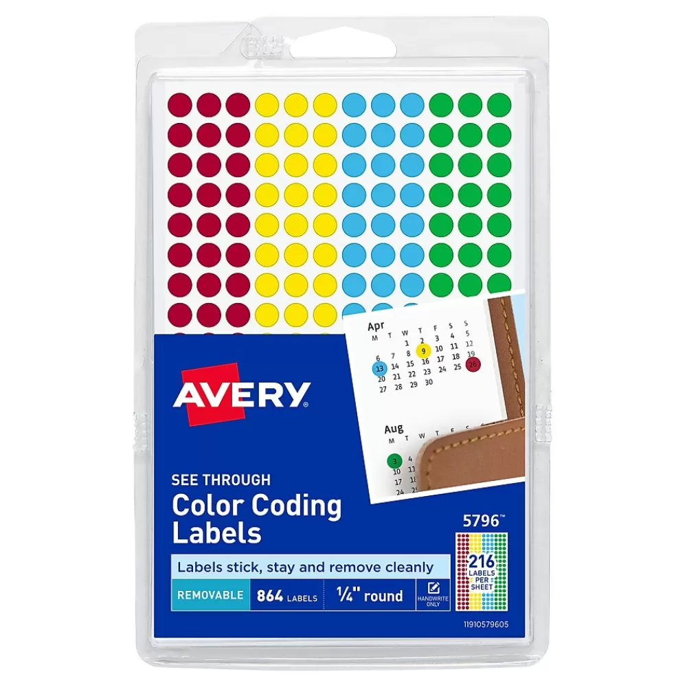 Avery Labels<See-Through Color Coding Labels, 1/4" Diameter, Translucent Assorted Colors, 864 Labels/Pack (5796)