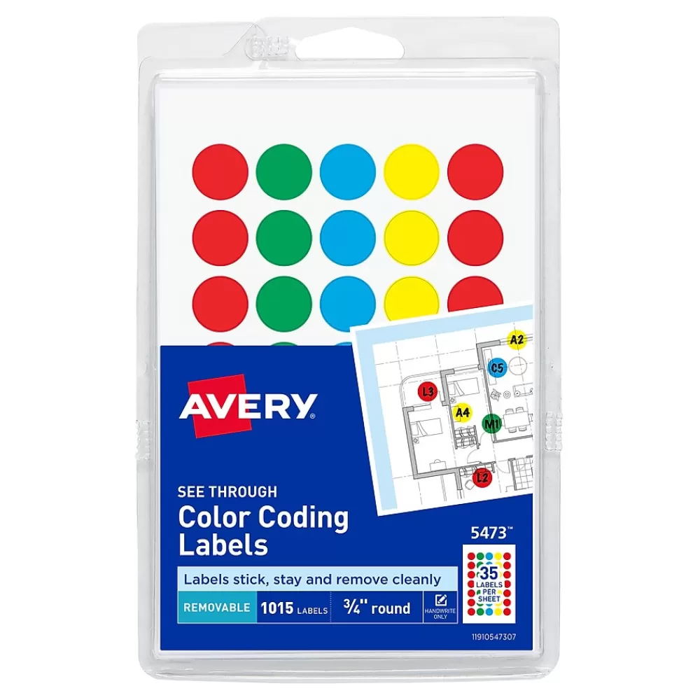 Avery Labels<See-Through Hand Written Color Coding Labels, 3/4" Dia., Translucent Assorted Colors, 35/Sheet, 29 Sheets/Pack (5473)