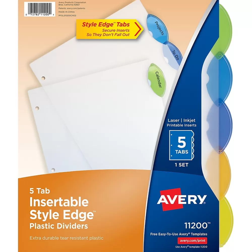 Avery Dividers<Style Edge Insertable Plastic Dividers, 5-Tab, Assorted, 120/Carton