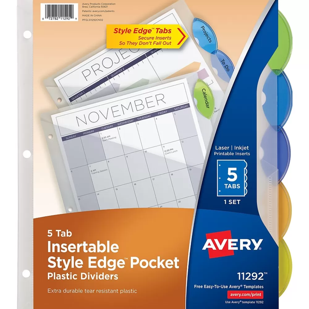 Avery Dividers<Style Edge Insertable Plastic Dividers with Pocket, 5 Tabs, Multicolor (11292)