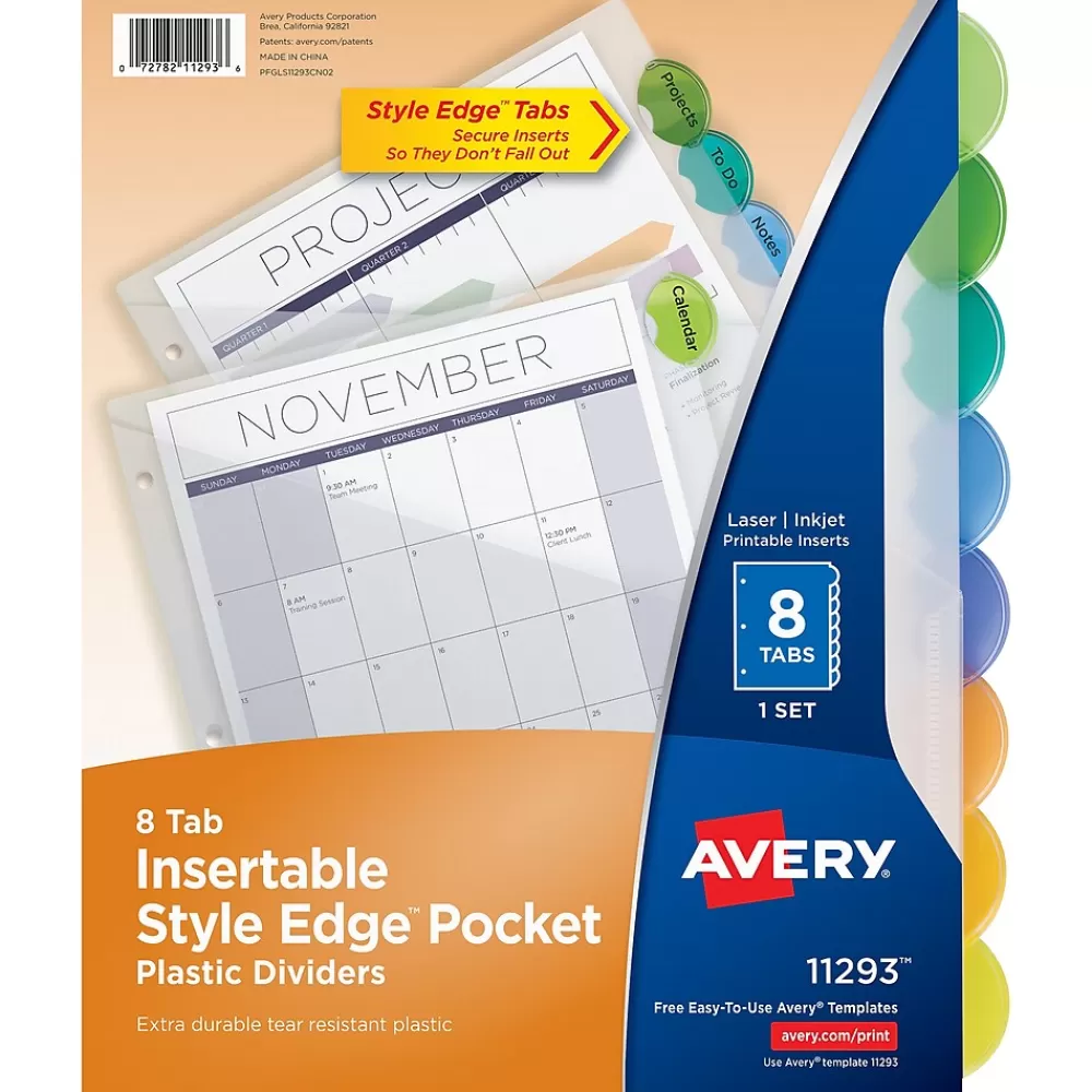 Avery Dividers<Style Edge Insertable Plastic Dividers with Pocket, 8 Tabs, Multicolor (11293)