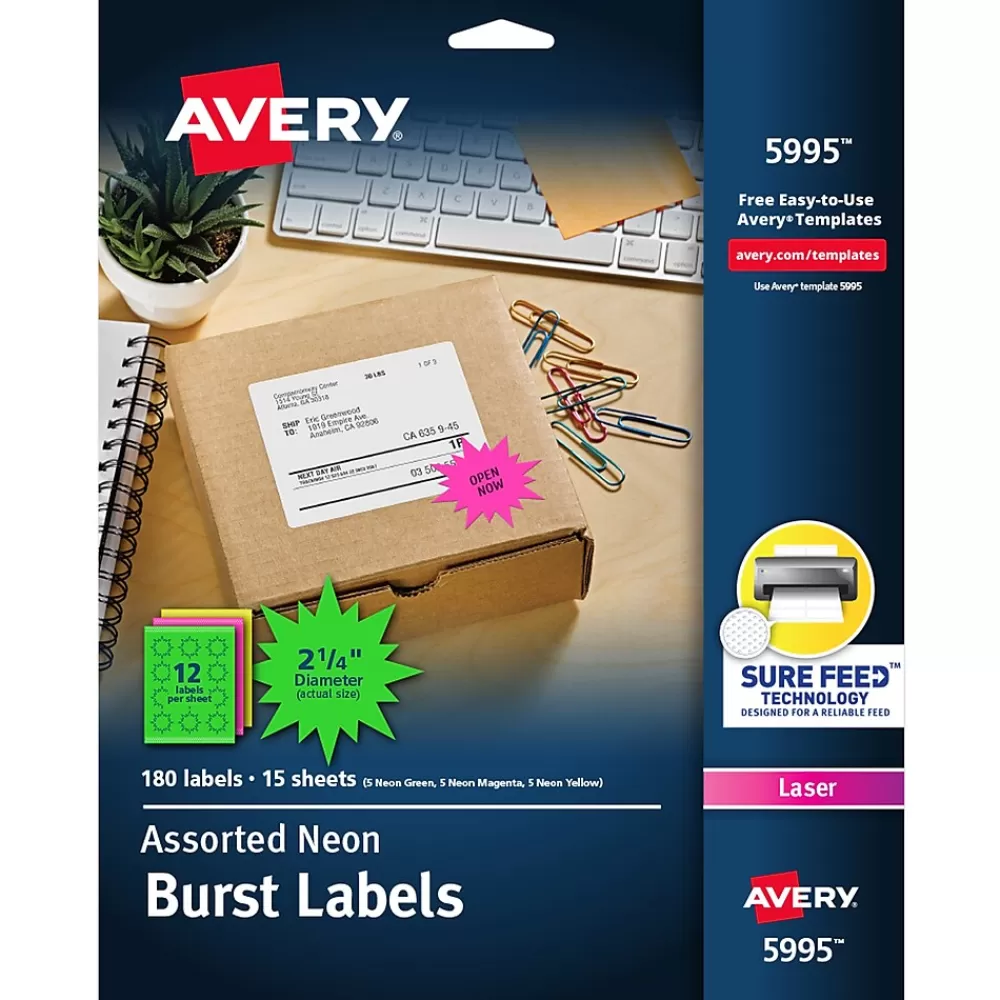 Avery Labels<Sure Feed Laser Burst Label, 2 1/4" Dia, Assorted Neon, 180 Labels/Pack (5995)