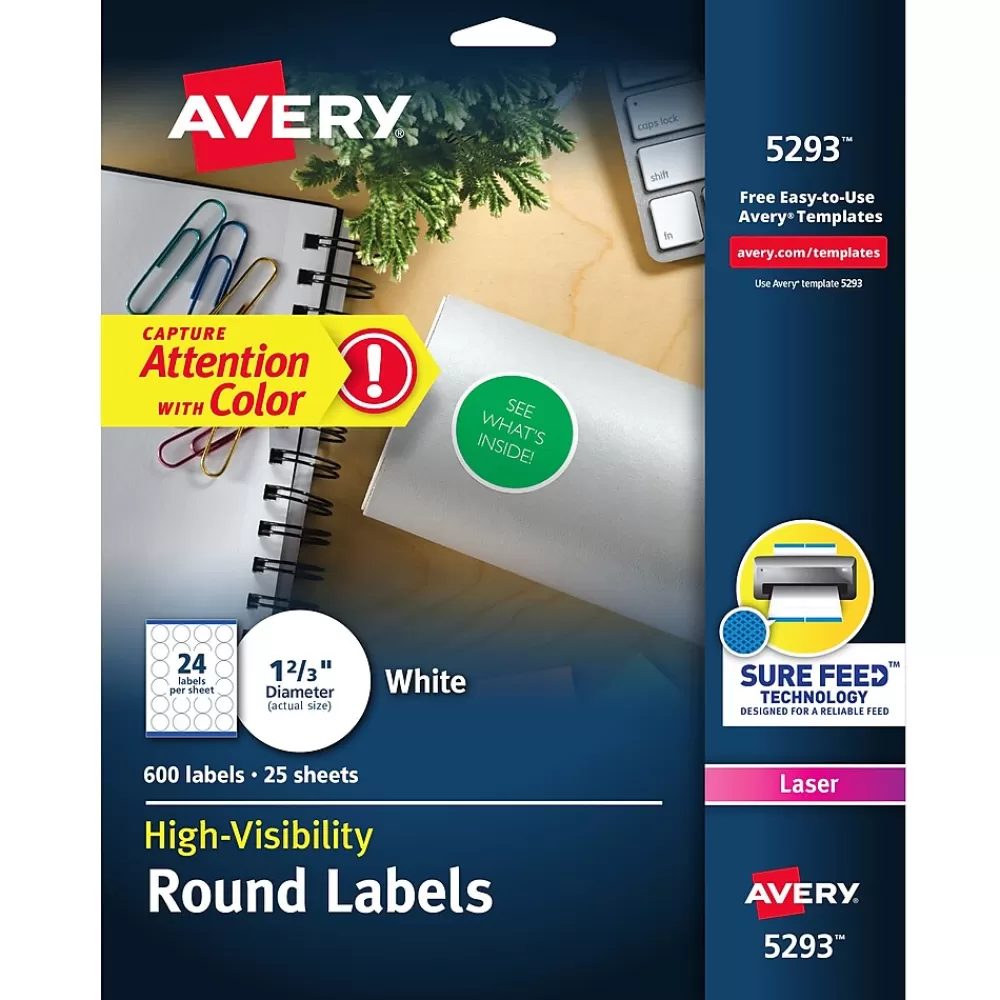 Avery Labels<Sure Feed Laser Round Labels, 1-2/3" Dia, White, 600 Labels/Pack (5293)