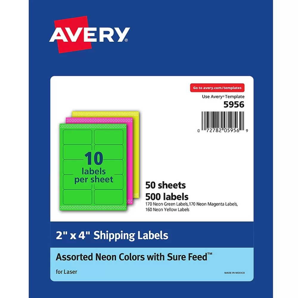 Avery Labels<Sure Feed Laser Shipping Labels, 2"x 4", Assorted Neon, 500 Labels/Box (5956)