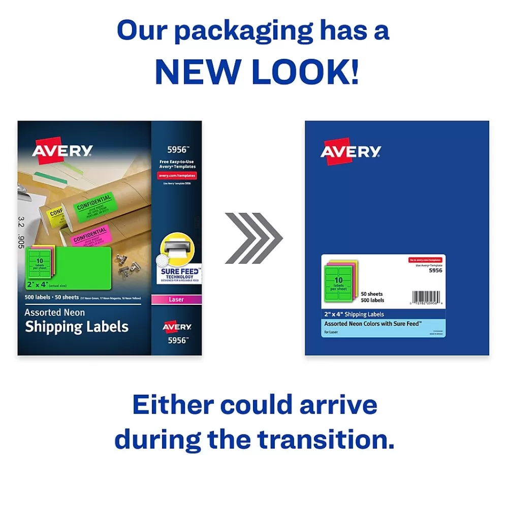 Avery Labels<Sure Feed Laser Shipping Labels, 2"x 4", Assorted Neon, 500 Labels/Box (5956)