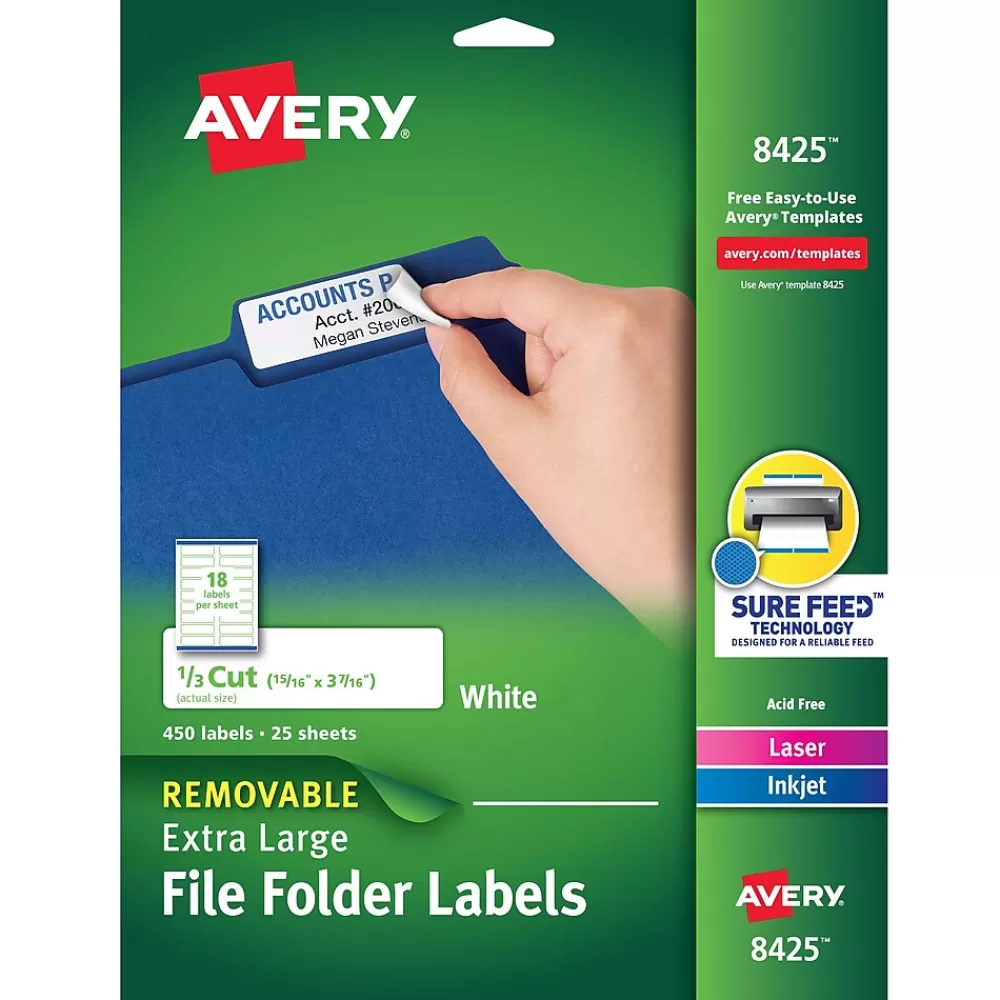 Avery Labels<Sure Feed Laser/Inkjet Extra Large File Folder Labels, 15/16" x 3-7/16", White, 450 Labels/Pack (8425)