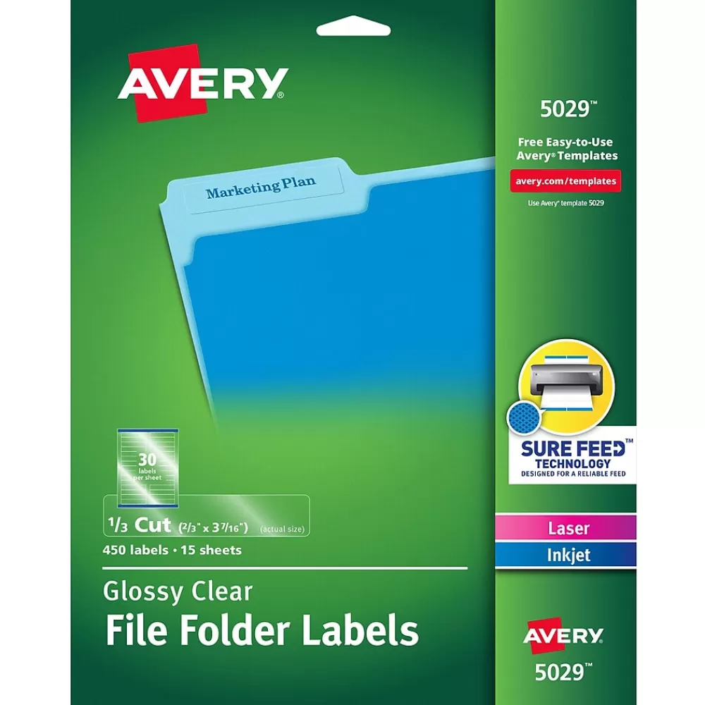 Avery Labels<Sure Feed Laser/Inkjet File Folder Labels, 2/3" x 3-7/16", Glossy Clear, 450 Labels/Pack (5029)