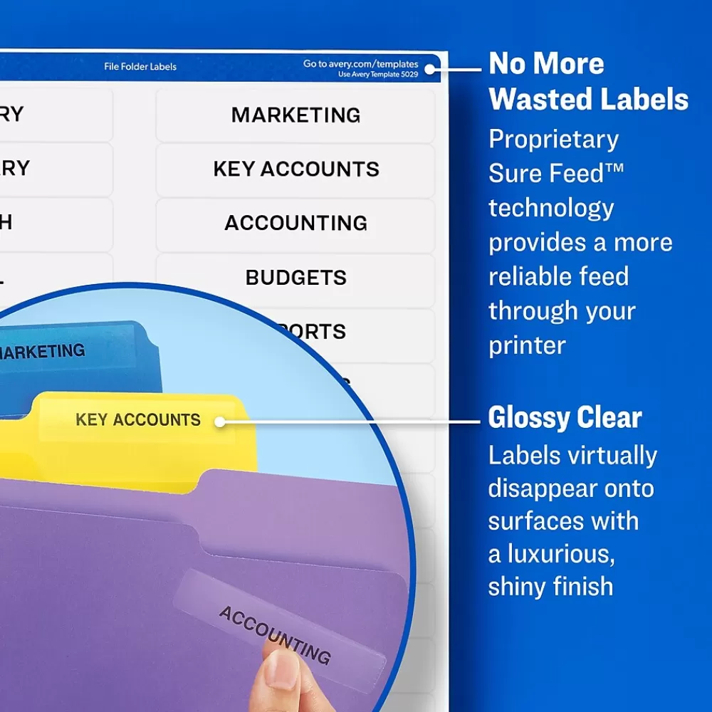 Avery Labels<Sure Feed Laser/Inkjet File Folder Labels, 2/3" x 3-7/16", Glossy Clear, 450 Labels/Pack (5029)