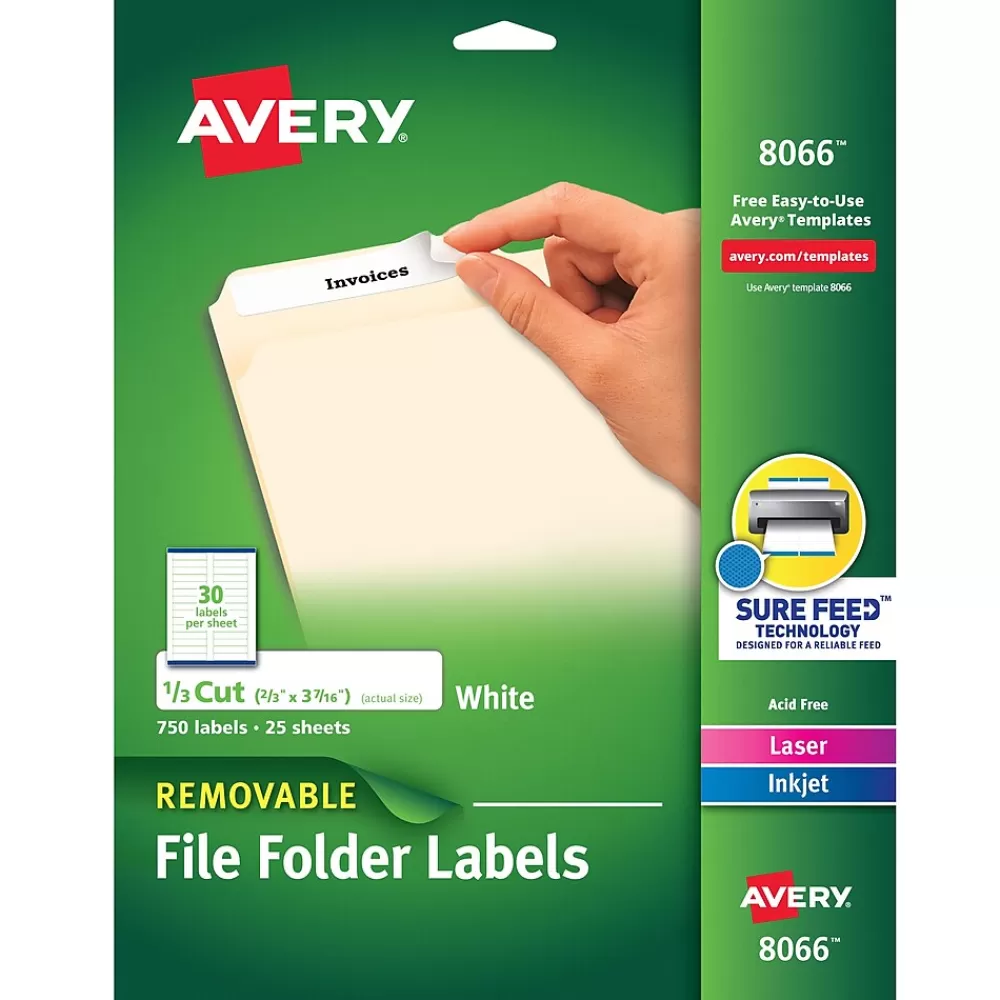 Avery Labels<Sure Feed Laser/Inkjet File Folder Labels, 2/3" x 3-7/16", White, 750 Labels/Pack (8066)