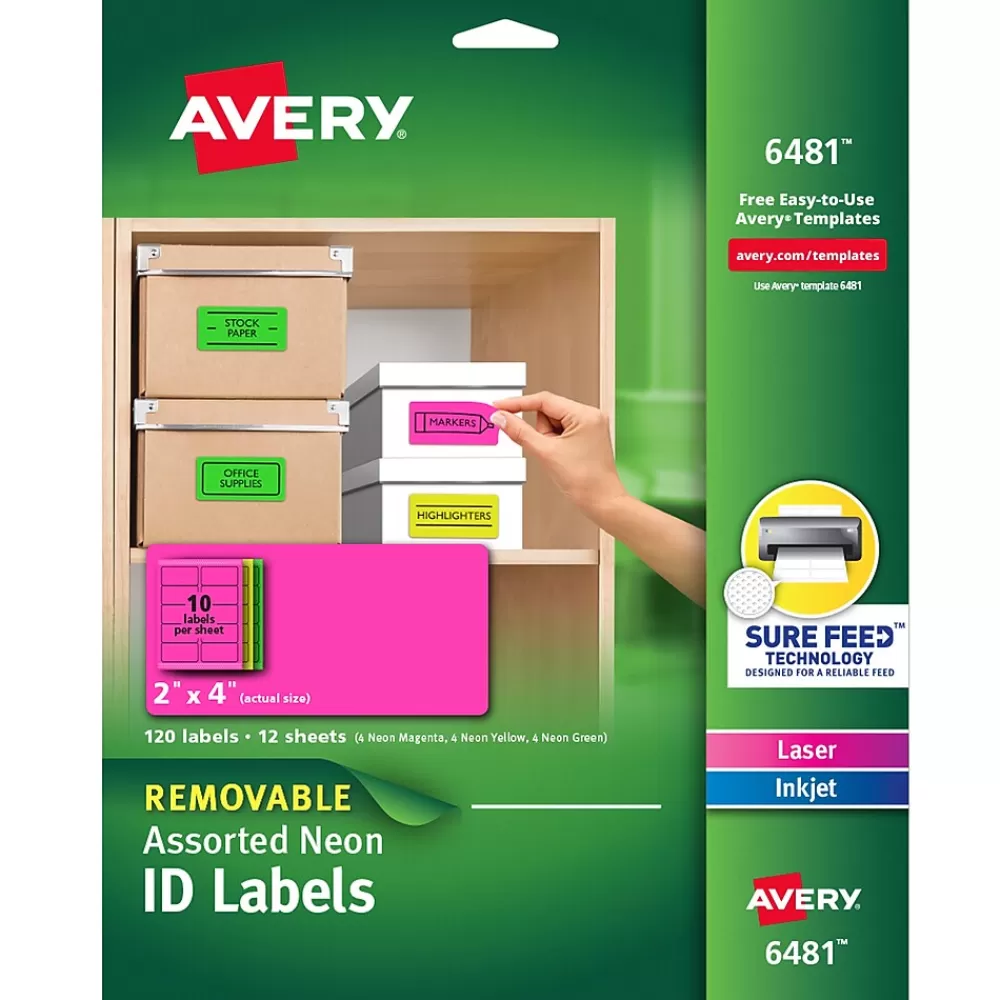 Avery Labels<Sure Feed Laser/Inkjet ID Labels, 2 x 4, Assorted Neon, 120 Labels/Pack (6481)
