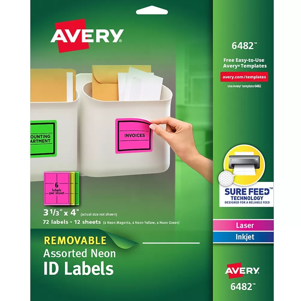 Avery Labels<Sure Feed Laser/Inkjet ID Labels, 3-1/3" x 4", Assorted Neon, 72 Labels/Pack (6482)