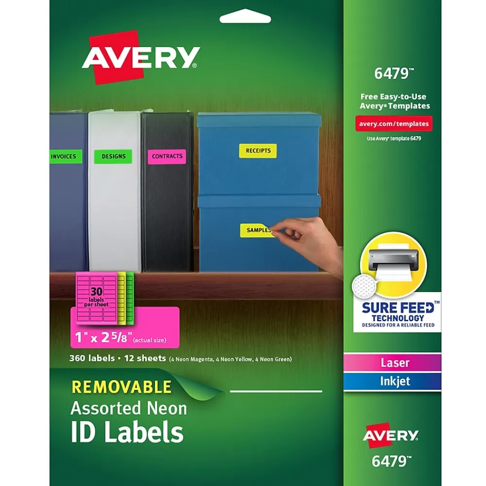 Avery Labels<Sure Feed Laser/Inkjet ID Labels, 1" x 2-5/8", Assorted Neon, 360 Labels/Pack (6479)