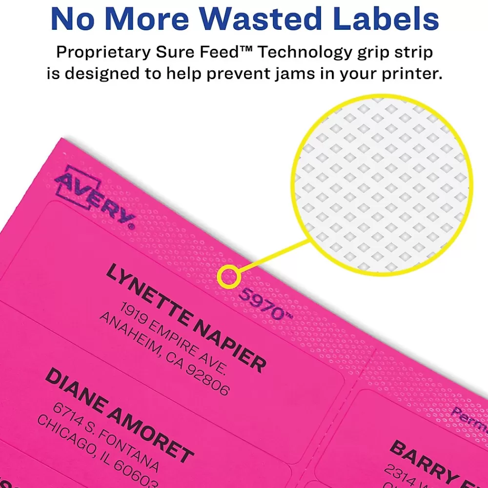 Avery Labels<Sure Feed Laser/Inkjet ID Labels, 3-1/3" x 4", Assorted Neon, 72 Labels/Pack (6482)