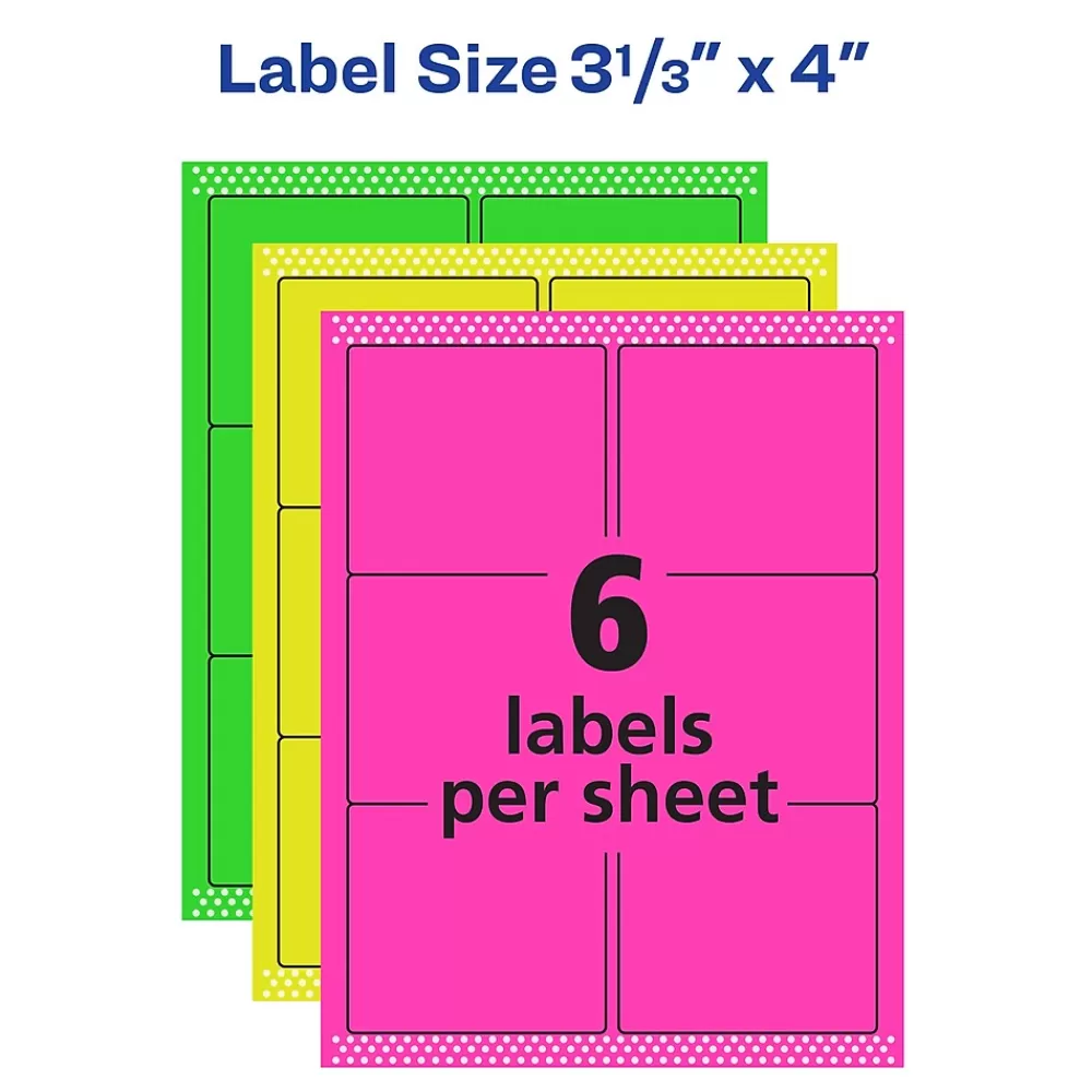 Avery Labels<Sure Feed Laser/Inkjet ID Labels, 3-1/3" x 4", Assorted Neon, 72 Labels/Pack (6482)
