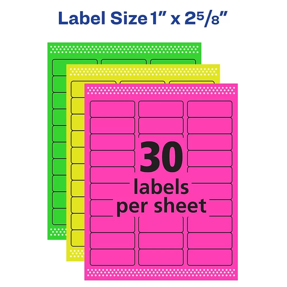 Avery Labels<Sure Feed Laser/Inkjet ID Labels, 1" x 2-5/8", Assorted Neon, 360 Labels/Pack (6479)