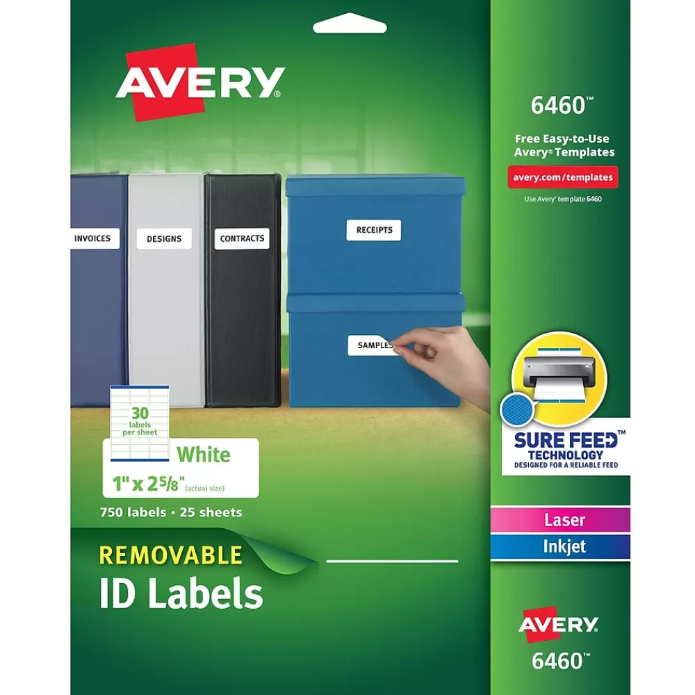 Avery Labels<Sure Feed Laser/Inkjet ID Labels, 1" x 2-5/8", White, 750 Labels/Pack (6460)